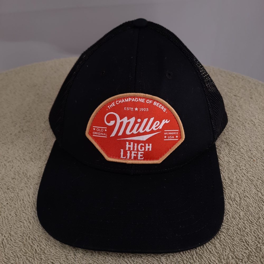 Miller High Life Beer Black Mesh Hat Cap Logo Patch Trucker Adjustable Snapback
